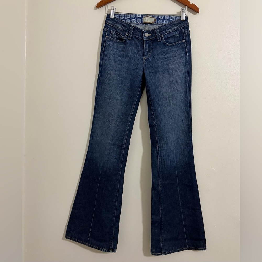Paige Boot Cut Wide Leg Flare Robertson Boho Embroidered Blue Denim Jeans Sz 26